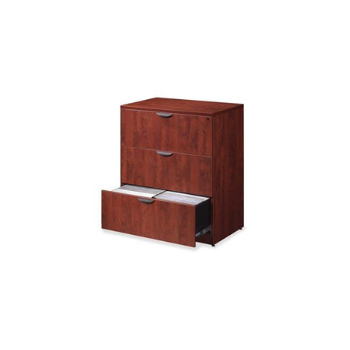 three drawer cherry colored file cabinet with bottom drawer open filled with papers